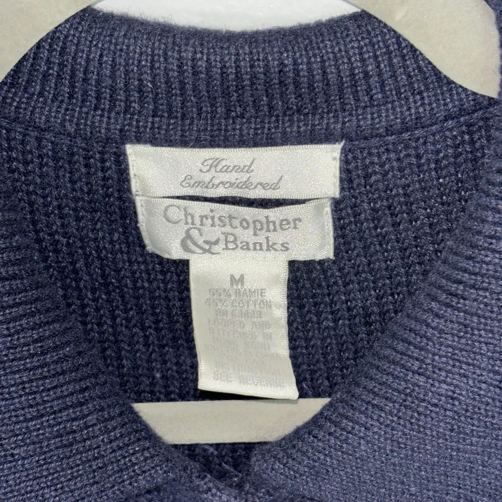 Christopher & Banks Womens Sweater Medium Blue Button Up Star Hand Embroidered